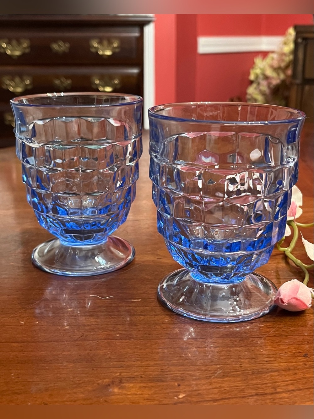 VTG Indiana Glass Whitehall Light Blue Cubist Footed Glasses - Set of 2